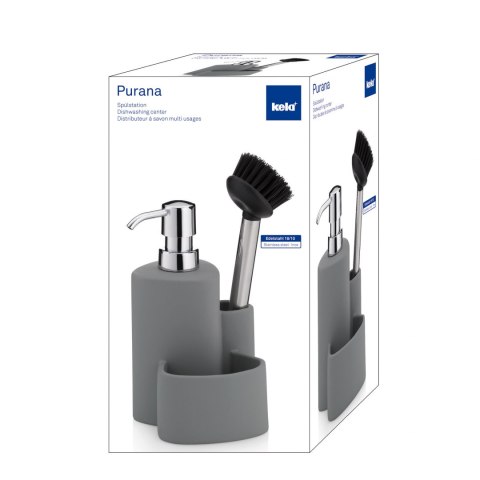 Ceramiczny dozownik do mydła ze szczotką do naczyń wys.22 cm 350 ml szary