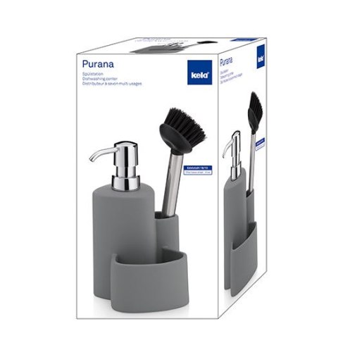 Ceramiczny dozownik do mydła ze szczotką do naczyń wys.22 cm 350 ml szary