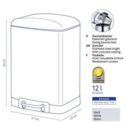 Stalowy kosz na śmieci z pedałem12 L biały
