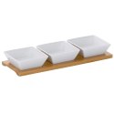 Zestaw 3 kwadratowych porcelanowych miseczek na bambusowej podkładce