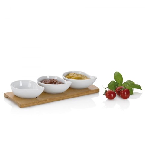 Zestaw 3 porcelanowych okrągłych miseczek na bambusowej podkładce, 26x10x4,5 cm