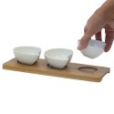Zestaw 3 porcelanowych okrągłych miseczek na bambusowej podkładce, 26x10x4,5 cm