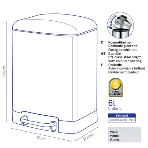 Kosz otwierany pedałem, 6,0 l, biały