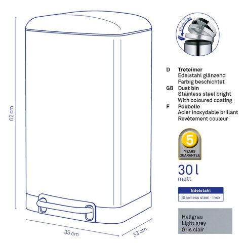 Stalowy kosz na śmieci z pedałem 30 L szary