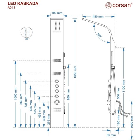 Panel prysznicowy Corsan LED KASKADA Termostat Czarny Deszczownica LED