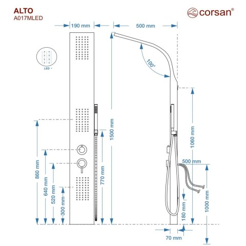 Panel prysznicowy Corsan Alto A017 Mieszacz Biały Deszczownica LED