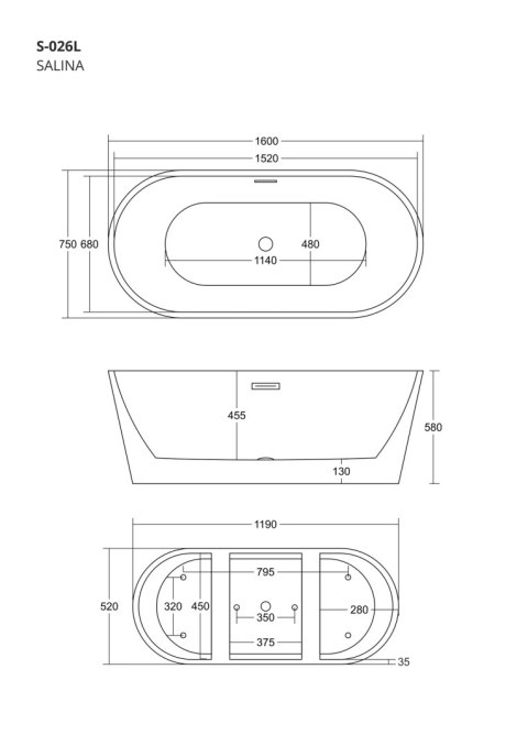 Wanna wolnostojąca Corsan SALINA 160 x 75 cm Korek klik-klak Czarny