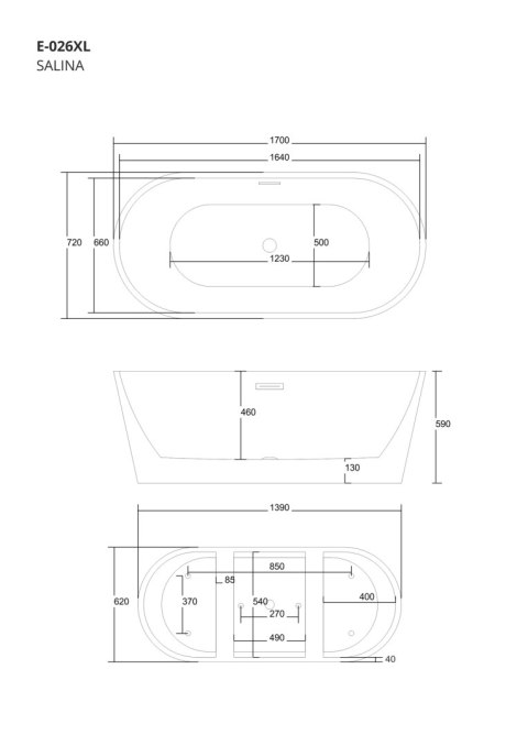 Wanna wolnostojąca Corsan SALINA 170 x 72 cm Korek klik-klak Czarny