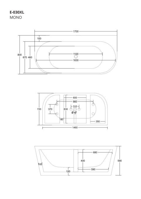 Wanna przyścienna wolnostojąca Corsan MONO 170 x 80 cm z szeroką krawędzią Korek klik-klak Czarny