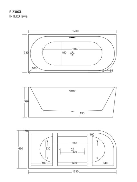 Wanna wolnostojąca narożna Corsan INTERO 170 x 73 Montaż lewostronny Korek klik-klak Biały