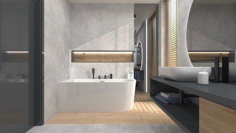 Wanna wolnostojąca narożna Corsan INTERO SLIM 160 x 74 z szeroką krawędzią Montaż lewostronny Korek klik-klak Czarny
