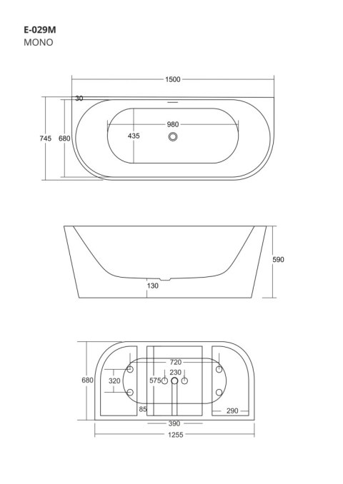 Wanna przyścienna wolnostojąca Corsan MONO 150 x 74 cm Korek klik-klak Chrom