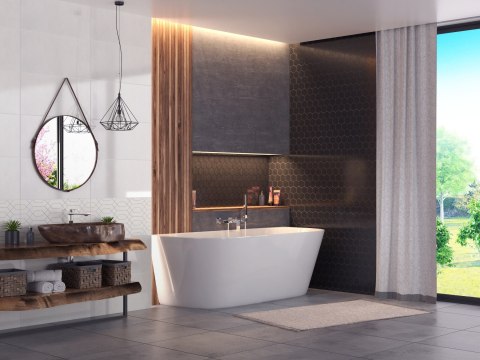 Wanna przyścienna wolnostojąca Corsan MONO 150 x 74 cm Korek klik-klak Chrom