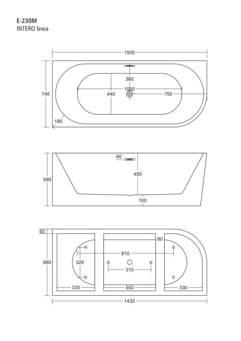 Wanna wolnostojąca narożna Corsan INTERO SLIM 150 x 75 Montaż lewostronny Korek klik-klak Chrom
