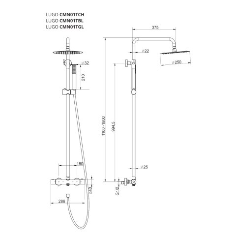 Zestaw natryskowy z termostatem Kolumna Corsan LUGO Deszczownica 25cm Chrom