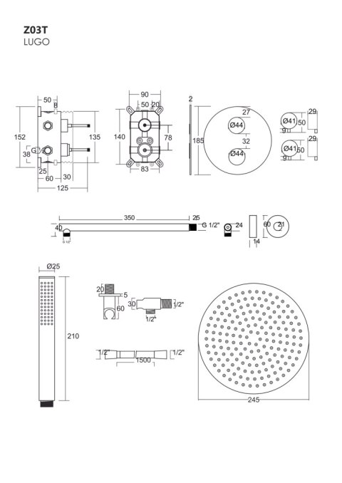 Zestaw prysznicowy podtynkowy Corsan Lugo Termostat Deszczownica 25cm Złoty
