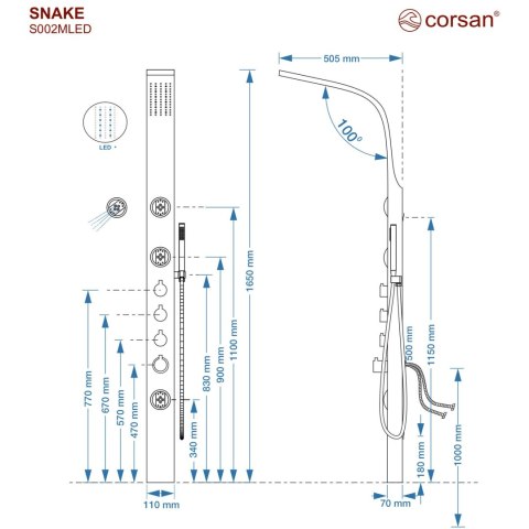 Panel prysznicowy Corsan SNAKE Mieszacz Czarna stal Deszczownica LED