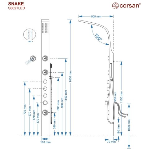 Panel prysznicowy Corsan SNAKE Termostat Stal Deszczownica LED