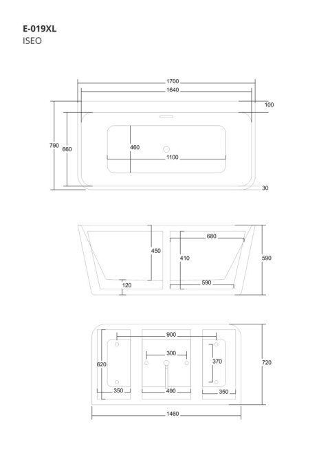 Wanna przyścienna wolnostojąca Corsan ISEO 170 x 79 cm z szeroką krawędzią Korek klik-klak Grafit / Gun Metal