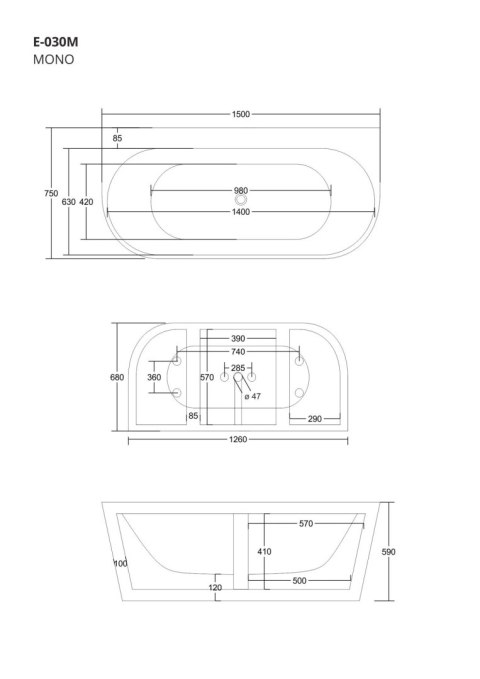 Wanna przyścienna wolnostojąca Corsan MONO 150 x 75 cm z szeroką krawędzią Korek Klik-Klak Grafit / GunMetal