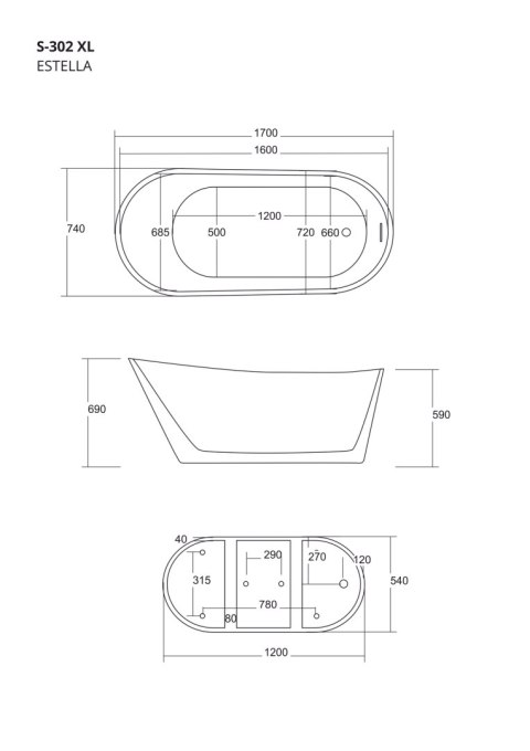 Wanna wolnostojąca Corsan ESTELLA 170 x 74 cm Korek klik-klak Grafit / GunMetal