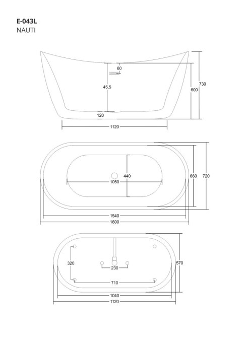 Wanna wolnostojąca Corsan NAUTI 160 x 72 cm Korek klik-klak Grafit / GunMetal