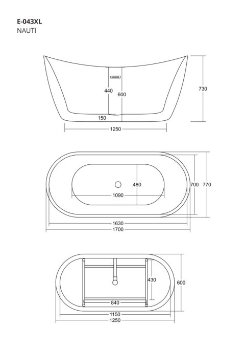 Wanna wolnostojąca Corsan NAUTI 170 x 77 cm Korek klik-klak Grafit / GunMetal