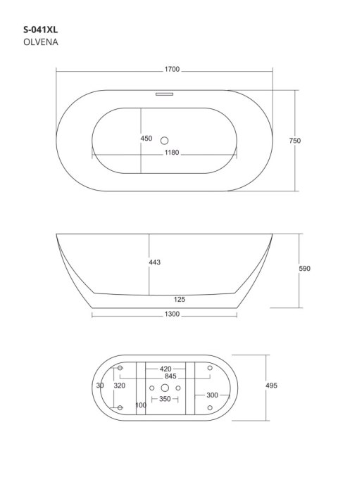 Wanna wolnostojąca Corsan OLVENA 170 x 75 cm Korek klik-klak Grafit / GunMetal