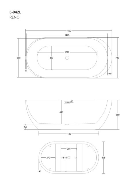 Wanna wolnostojąca Corsan RENO 160 x 74 cm z boczną półką Korek klik-klak Grafit / GunMetal