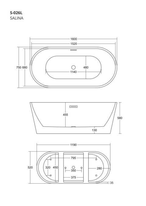 Wanna wolnostojąca Corsan SALINA 160 x 75 cm Korek klik-klak Grafit / GunMetal