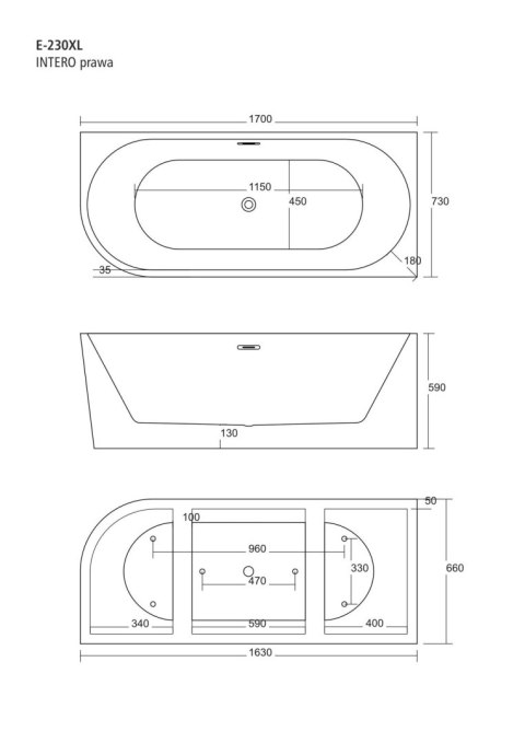 Wanna wolnostojąca narożna Corsan INTERO 170 x 73 Montaż prawostronny Korek klik-klak Grafit / GunMetal