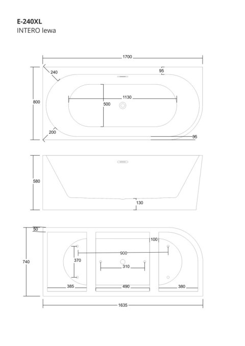Wanna wolnostojąca narożna Corsan INTERO 170 x 80 z szeroką krawędzią Montaż lewostronny Korek klik-klak Grafit / GunMetal