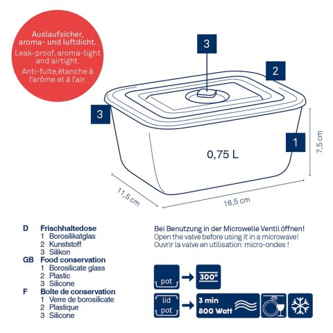 Pojemnik na żywność, szkło borokrzemowe/tworzywo sztuczne, 0,75 l, 16,5 x 11,5 x 7,5 cm