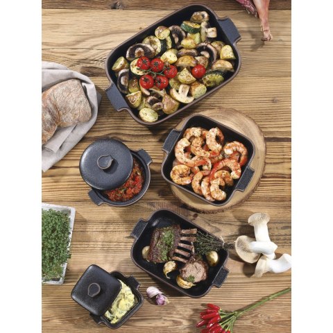 Naczynie do zapiekania i serwowania z pokrywką, śred. 7,5 x 7,5 x 4 cm, 0,15 l, ceramika, czarne