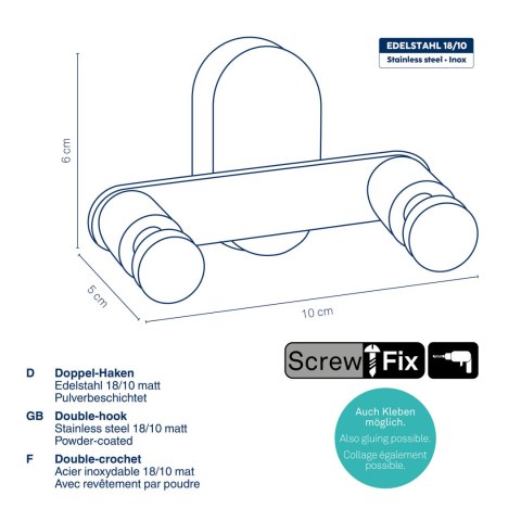 Podwójny haczyk / wieszak łazienkowy, stal nierdzewna 18/10, 10 x 5 x 6 cm, czarny