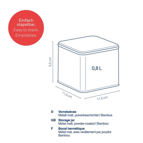 Pojemnik kuchenny, metal/bambus, 0,8 l, 11,5 x 11,5 x 9,5 cm