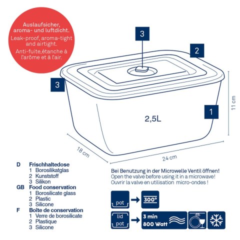 Pojemnik na żywność, szkło borokrzemowe/tworzywo sztuczne, 2,5 l, 24 x 18 x 11 cm