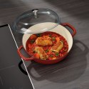 Żeliwna patelnia do serwowania ze szklaną pokrywą, czerwona, śred. 28 cm, 3,8 l